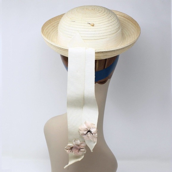 Vintage Ivory White Straw Boater Hat w Trailing Ribbons and Flowers - Hey Viv - Picture 2 of 6